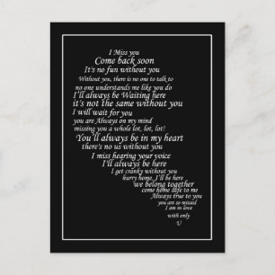 I Miss You  Text in Half of Heart Postcard