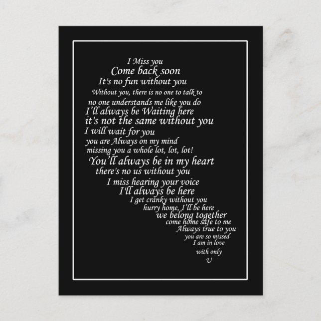 I Miss You  Text in Half of Heart Postcard (Front)