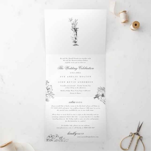 'I' Monogram Beautiful Sketched Floral Wedding Tri-Fold Invitation (Inside)