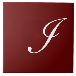 I Monogram Initial White on Maroon Ceramic Tile