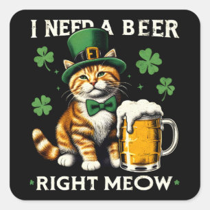I Need A Beer Right Meow Cat St. Patrick's Day Square Sticker