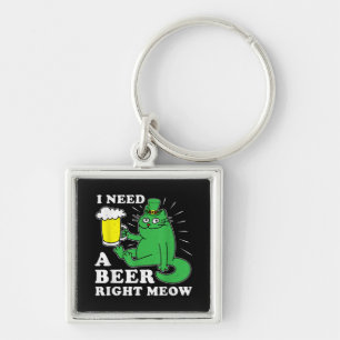 I Need A Beer Right Meow St. Patricks Day Cat Pun Key Ring
