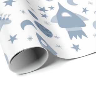 I Need Some Space UFO Planets Rocket Pattern Blue Wrapping Paper