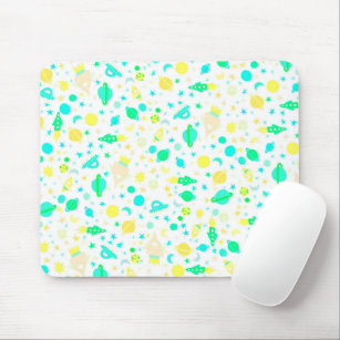 I Need Space Rocketship UFO Pattern Green Gold Mouse Pad