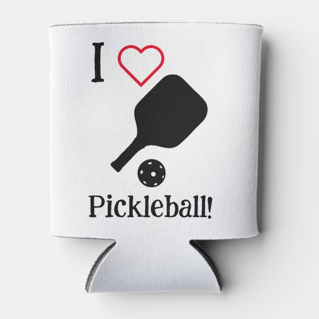 I ❤️ Pickleball in black, white, & red sticker. Can Cooler (Front)