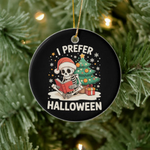 I Prefer Halloween Skeleton Reading Book Christmas Ceramic Ornament