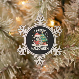 I Prefer Halloween Skeleton Reading Book Christmas Snowflake Pewter Christmas Ornament