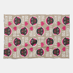 I Puggin Love You Black Pug Circles and Hearts Tea Towel