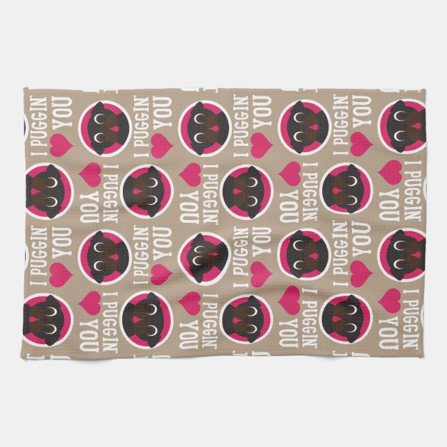 I Puggin Love You Black Pug Circles and Hearts Tea Towel (Horizontal)