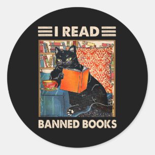 I Read Banned Books Black Cat Reader Bookworm Classic Round Sticker