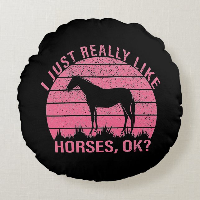 I Really Like Horses in Rose Pink  Round Cushion (Front)