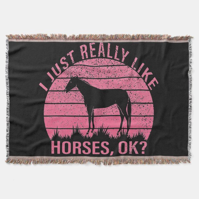 I Really Like Horses in Rose Pink   Throw Blanket (Front)