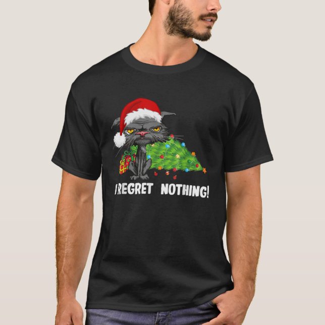 I Regret Nothing Funny Bored Cat Santa Hat Christm T-Shirt (Front)