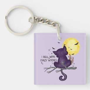 I Roll With Crazy Witches – Black Cat & Full Moon Key Ring