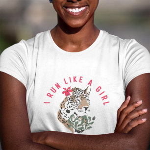 I Run Like A Girl Motivational Red Leopard Graphic T-Shirt