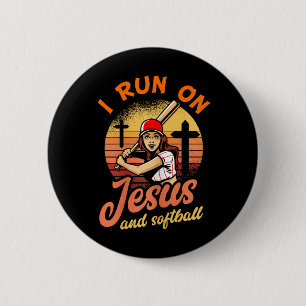 I Run On Jesus And Softball Christian Player Gift 6 Cm Round Badge