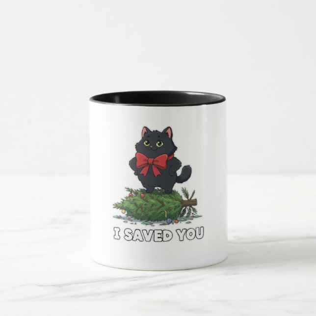  I Saved You" Funny Black Cat Christmas Tree   Mug (Center)