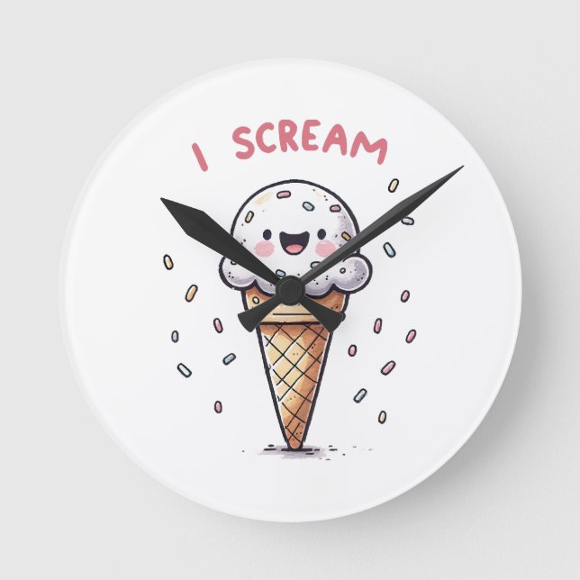 I Scream Ice Cream Cone with Sprinkles Round Clock (Front)