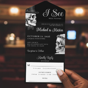 i See Wed People Gothic Skulls Black Wedding All In One Invitation