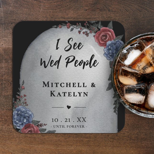 I See Wed People Headstone Floral Gothic Wedding Square Paper Coaster (Creator Uploaded)