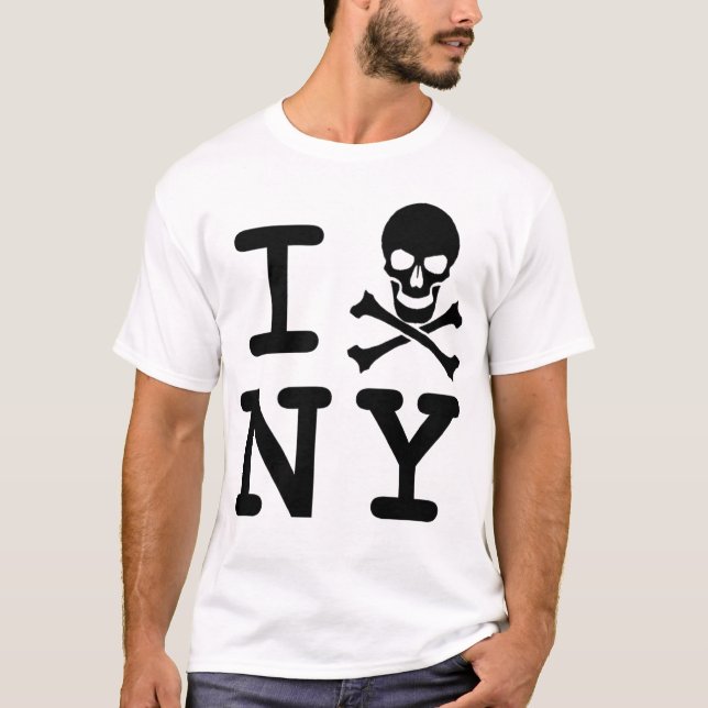 I (skull and crossbones) NY, black on white T-Shirt (Front)
