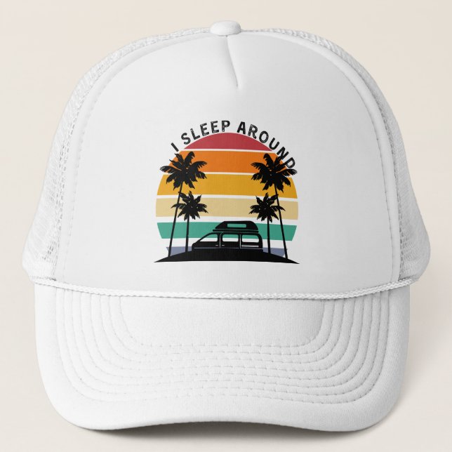 I Sleep Around Van Life Pun Vinatge Sunset travel Trucker Hat (Front)