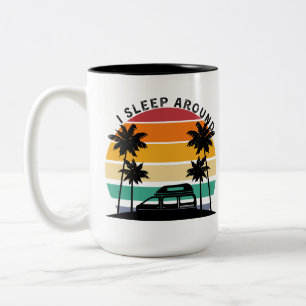 I Sleep Around Van Life Pun Vinatge Sunset travel Two-Tone Coffee Mug