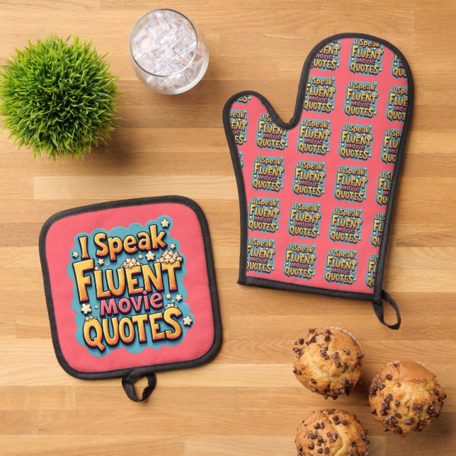I Speak Fluent Movie Quotes Retro Pop Art Oven Mitt & Pot Holder Set (Top Down)