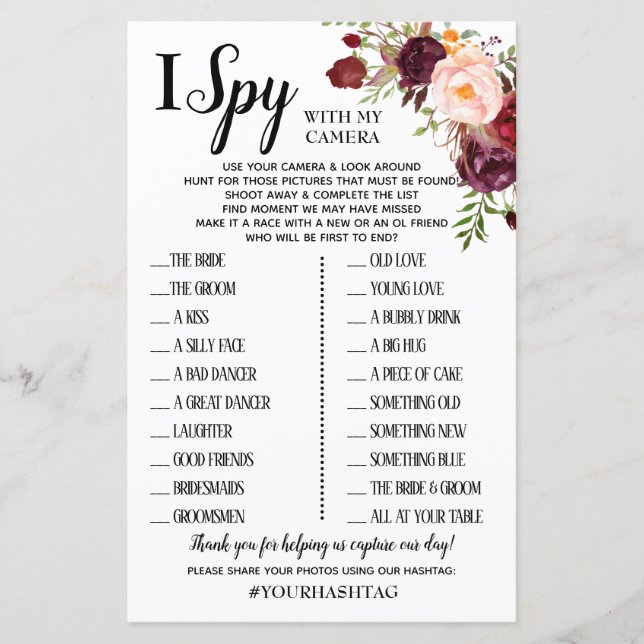 I Spy Marsala Flowers Wedding Reception Game (Front)