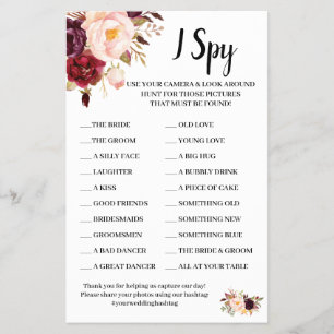 I Spy Marsala Flowers Wedding Reception Game Card