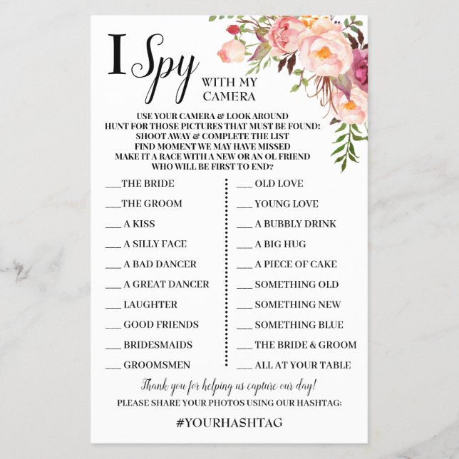 I Spy Wedding Reception Pink Flowers Game Card (Front)