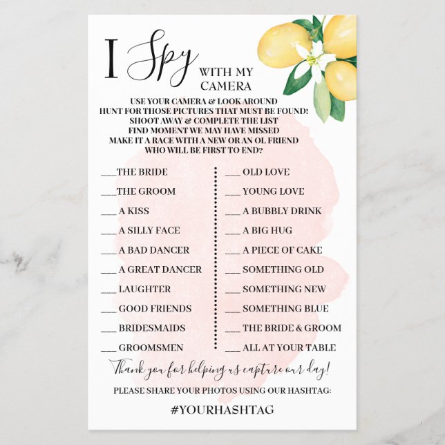 I Spy Wedding Reception Shower Lemons Game Card Fl (Front)