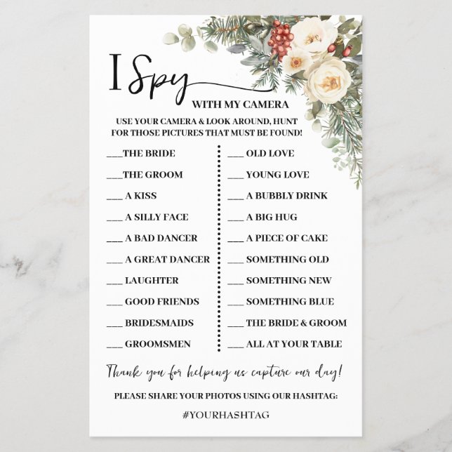 I Spy Winter Floral Wedding Reception Game Card (Front)