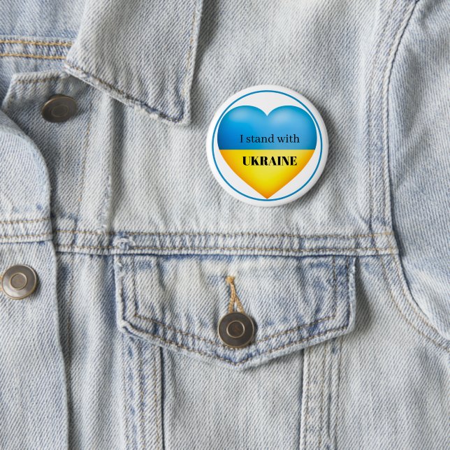 I Stand with Ukraine Blue Yellow Pin Button  (In Situ)