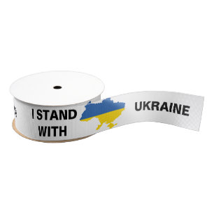I Stand with Ukraine Ukrainian Flag and Map Grosgrain Ribbon