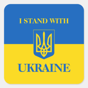 I Stand With Ukraine. Ukrainian Flag & Trident.  Square Sticker