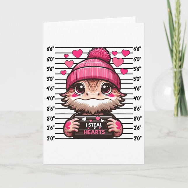 I Steal Heart Cute Bearded Dragon Mugshot Valentin Card (Front)