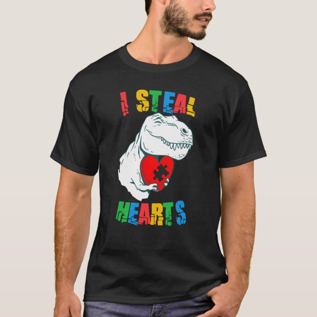 I Steal Hearts Autism Awareness Rex Valentines Day T-Shirt (Front)