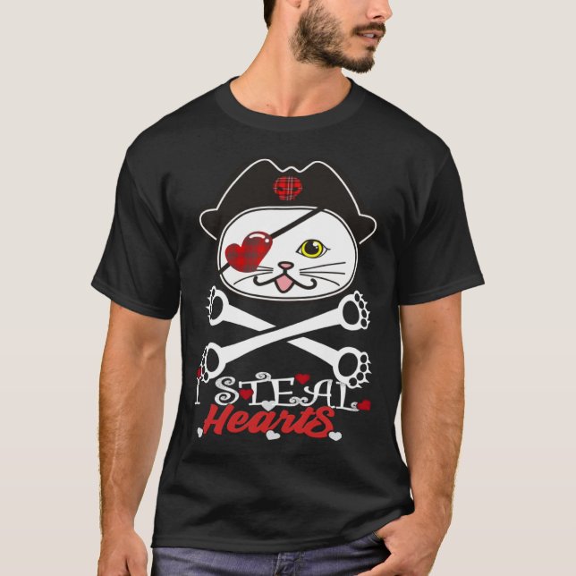 I Steal Hearts Cat Boys Valentines Day Cat Pirate  T-Shirt (Front)