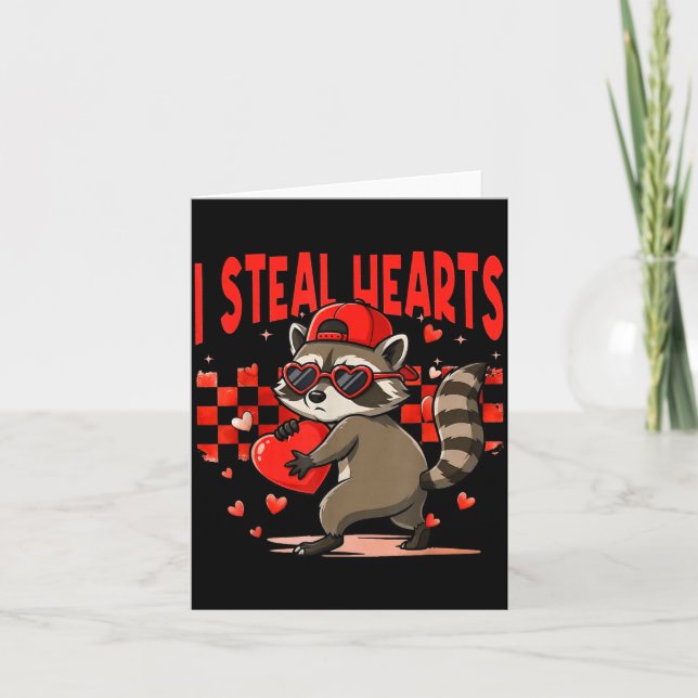 I Steal Hearts Design Raccoon Valentine Day Retro  Card (Front)