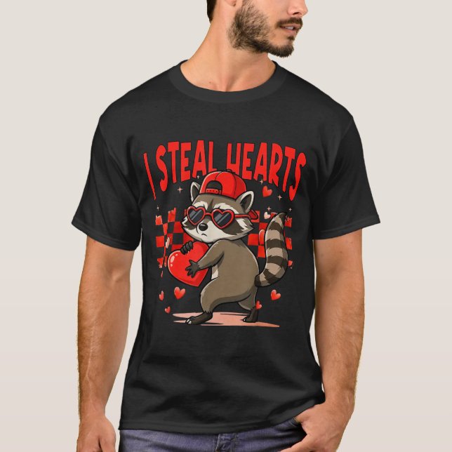 I Steal Hearts Design Raccoon Valentine Day Retro  T-Shirt (Front)