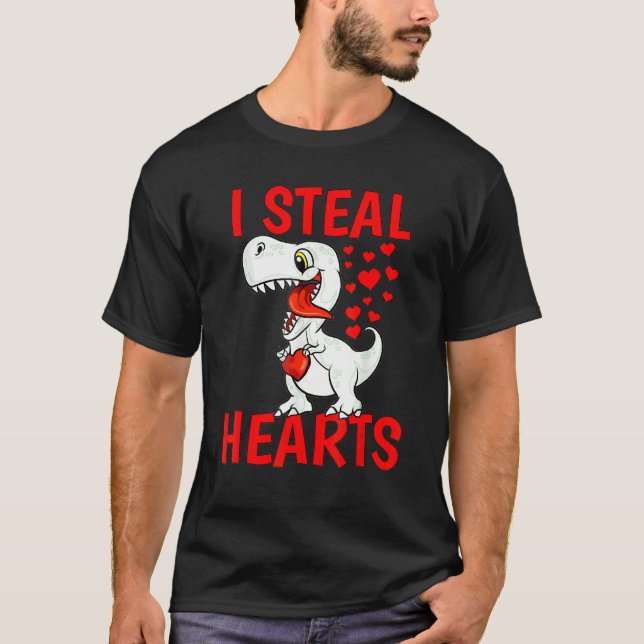 I Steal Hearts For Boys Valentines Day Kids Dinosa T-Shirt (Front)