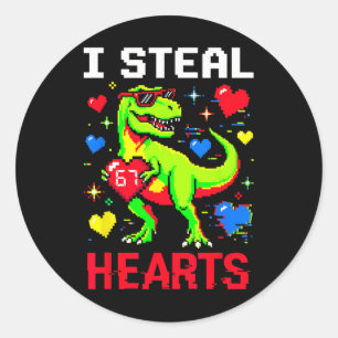 I Steal Hearts Pixel Dinosaur Gamer Valentine  Classic Round Sticker