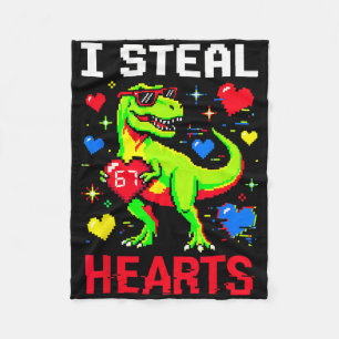 I Steal Hearts Pixel Dinosaur Gamer Valentine  Fleece Blanket