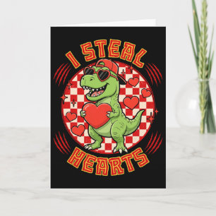 I Steal Hearts Retro Checkered Valentine Dinosaur  Card