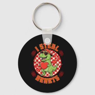 I Steal Hearts Retro Checkered Valentine Dinosaur  Key Ring