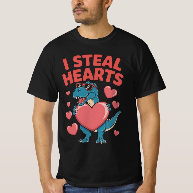 I Steal Hearts T Rex Dinosaur Valentine's Day T-Shirt (Front)