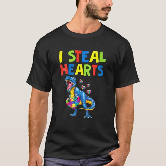 I Steal Hearts Trex Dinosaur Autism Awareness T-Shirt (Front)