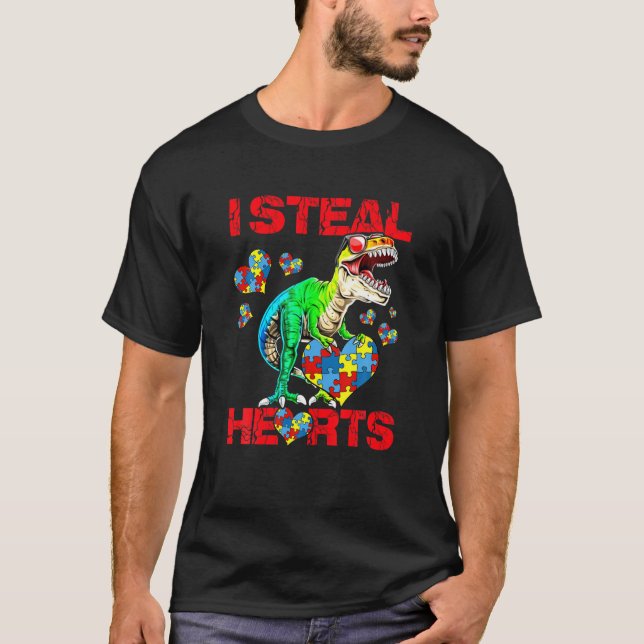 I Steal Hearts Trex Dinosaur Cute Boy Autism Aware T-Shirt (Front)
