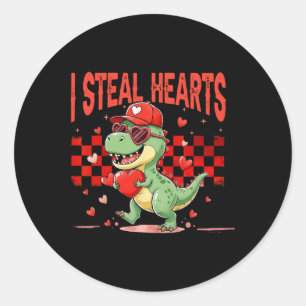 I Steal Hearts Valentine Boys Kids Dinosaur Holdin Classic Round Sticker